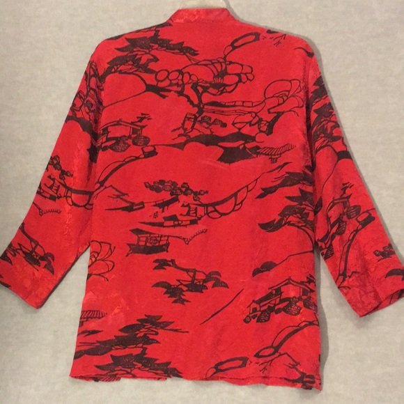 Vintage CHICO’S DESIGNS Silk Asian Style Graphic Design Side Split Lightweight - Picture 2 of 16